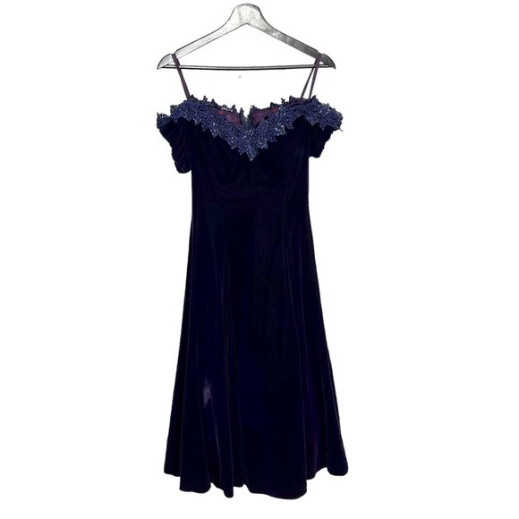 Vintage 90s Deep Purple Velvet Off Shoulder Midi Dress 8 - Picture 1 of 15